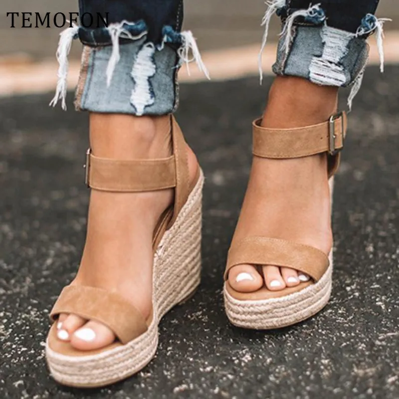 TEMOFON Platform peep toe high wedges sandals black heels summer women large size roman dress shoes HVT907 Q1217