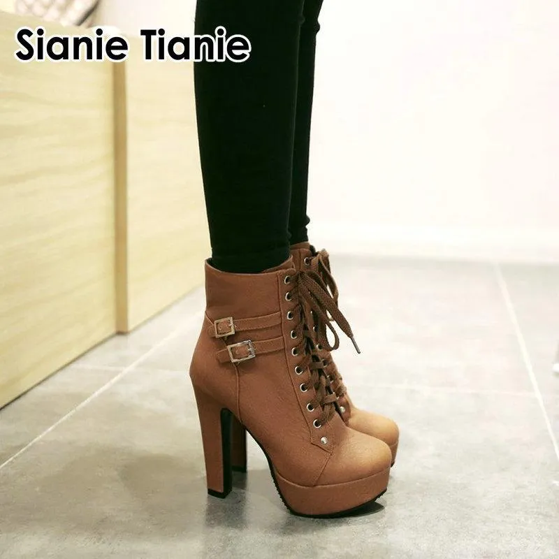 Sianie Tianie, zapatos de tacón alto con plataforma y punta para mujer, botines con cordones y punta redonda para mujer, botines con correa de hebilla, talla 45 461