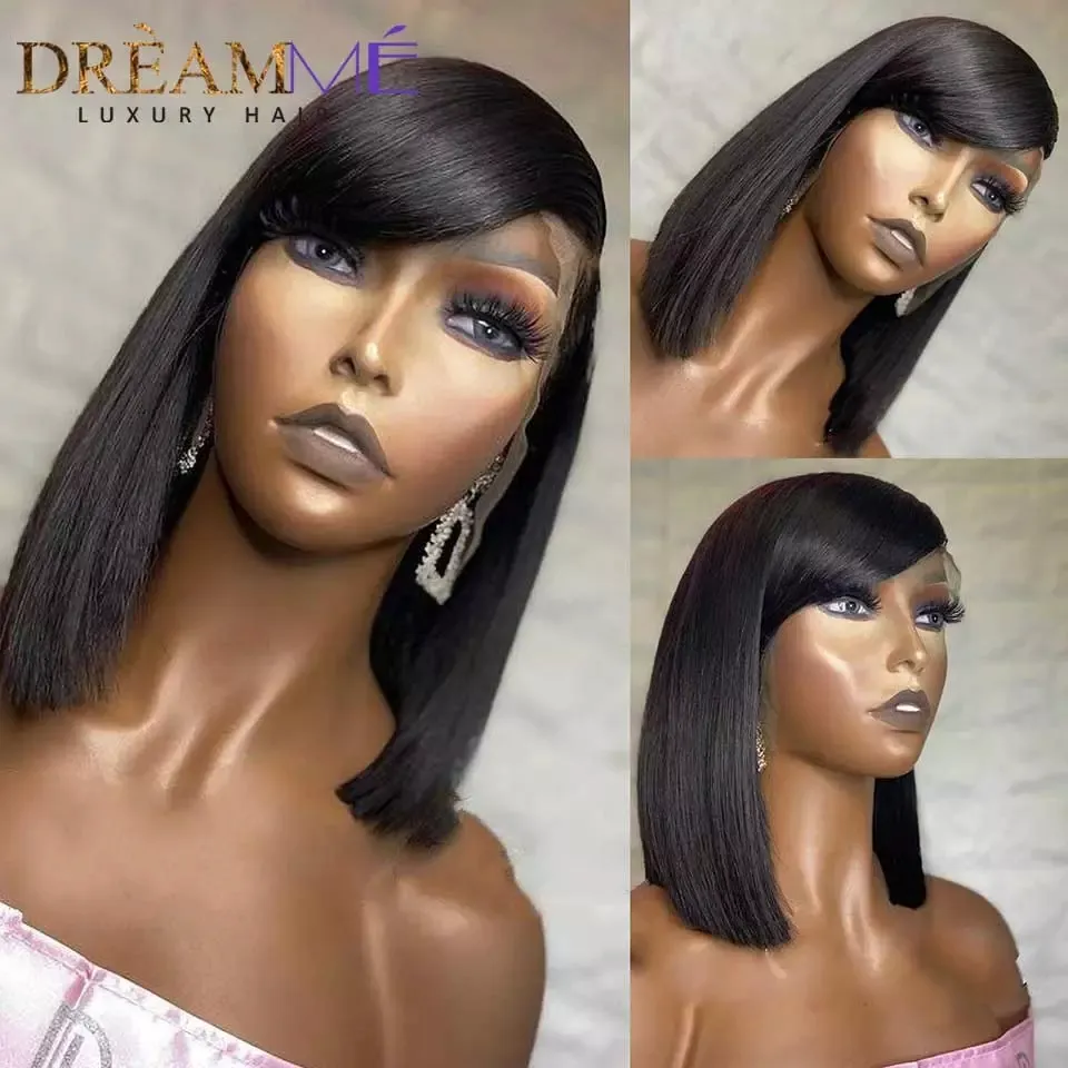 13X4 Lace frontal Wigs Short Straight Bob Human Hair With Bangs 150% Density Synthetic Wigs For Black Women