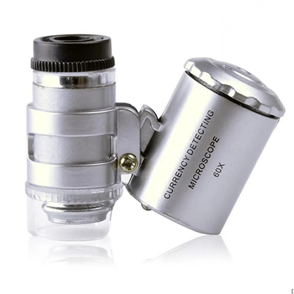 2021 Magnifier de microscopio Mini 60x Moneda de mano Detección con LED y Luz UV y caja de venta al por menor