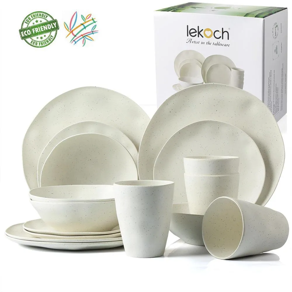 Vaisselle européenne 4pcs / 16pcs Fibre de bambou Ménage Vaisselle Set Plats simples Salade Bol à soupe Assiette à steak Plat occidental 201217