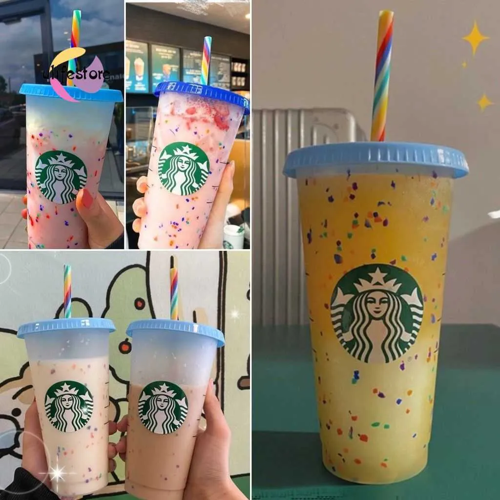 Återanvändbar Starbucks Tumbler Color Changing Confetti Cold Cup Rainbow Straw With Lid Plastic Cup Ulife