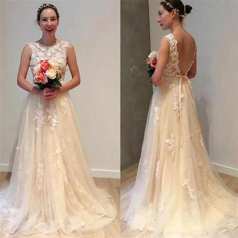 Leichte Champagner -Kleider Boho Lace Applique Tulle gegen Rücken Juwel Halshälfte Ribbon Strand Hochzeitskleid Vestido de Novia 403 403