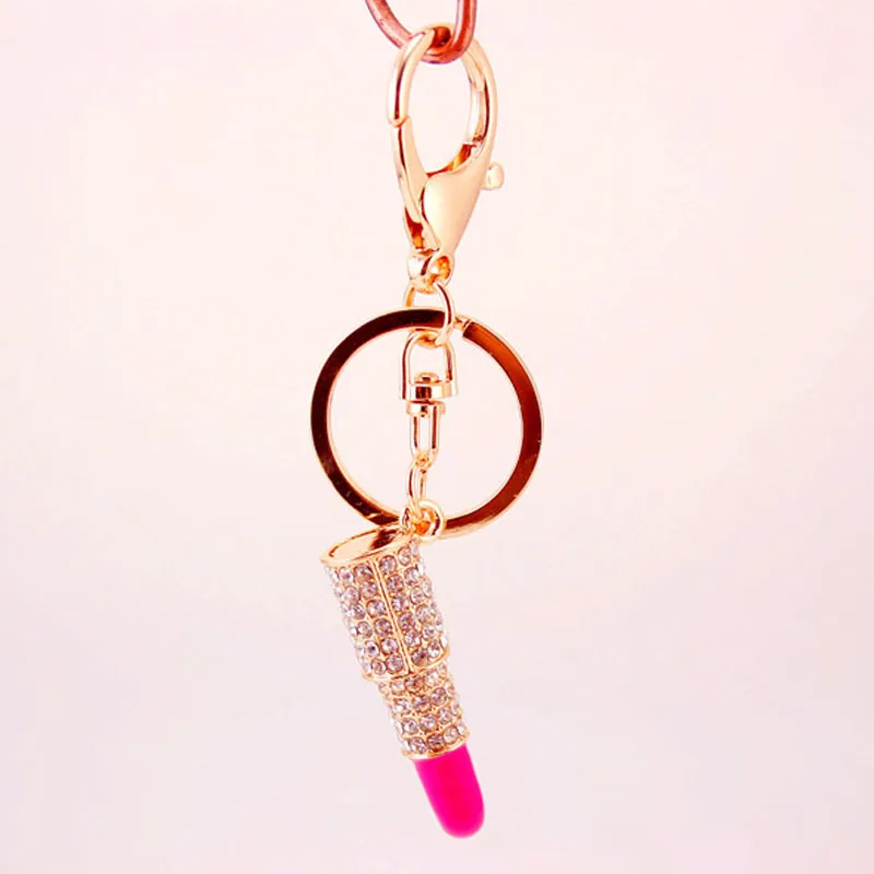 Charm Crystal Keychain Lipstick Key Holder Rhinestone Keyring Red Rose Pendant Car Ornament Accessories 5 styles