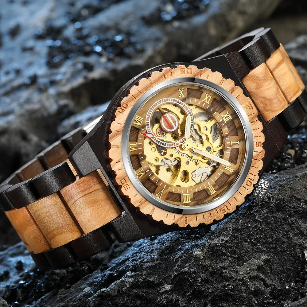 Creatief mechanisch hout horloge steampunk skeleton automatische mannen natuurlijke houten klok holle beweging mode armbanden B1205