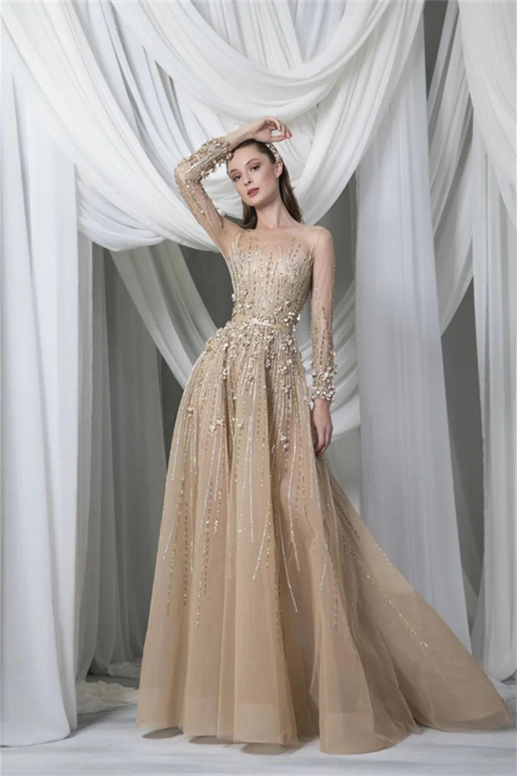 Champagne Jewel Long Sleeves Lace Beaded Prom Gown... From Newdeve, $262.27  | DHgate.Com