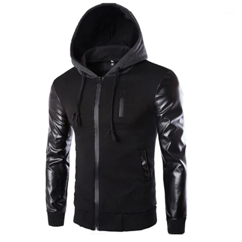 Męskie Futro Faux Wysokiej Jakości Mężczyźni Kurtka Z Kapturem I Płaszcz Jesień Dorywczo PU Skórzany Rękaw Slim Odzieżowiec Zipper Hoody Sportswear1