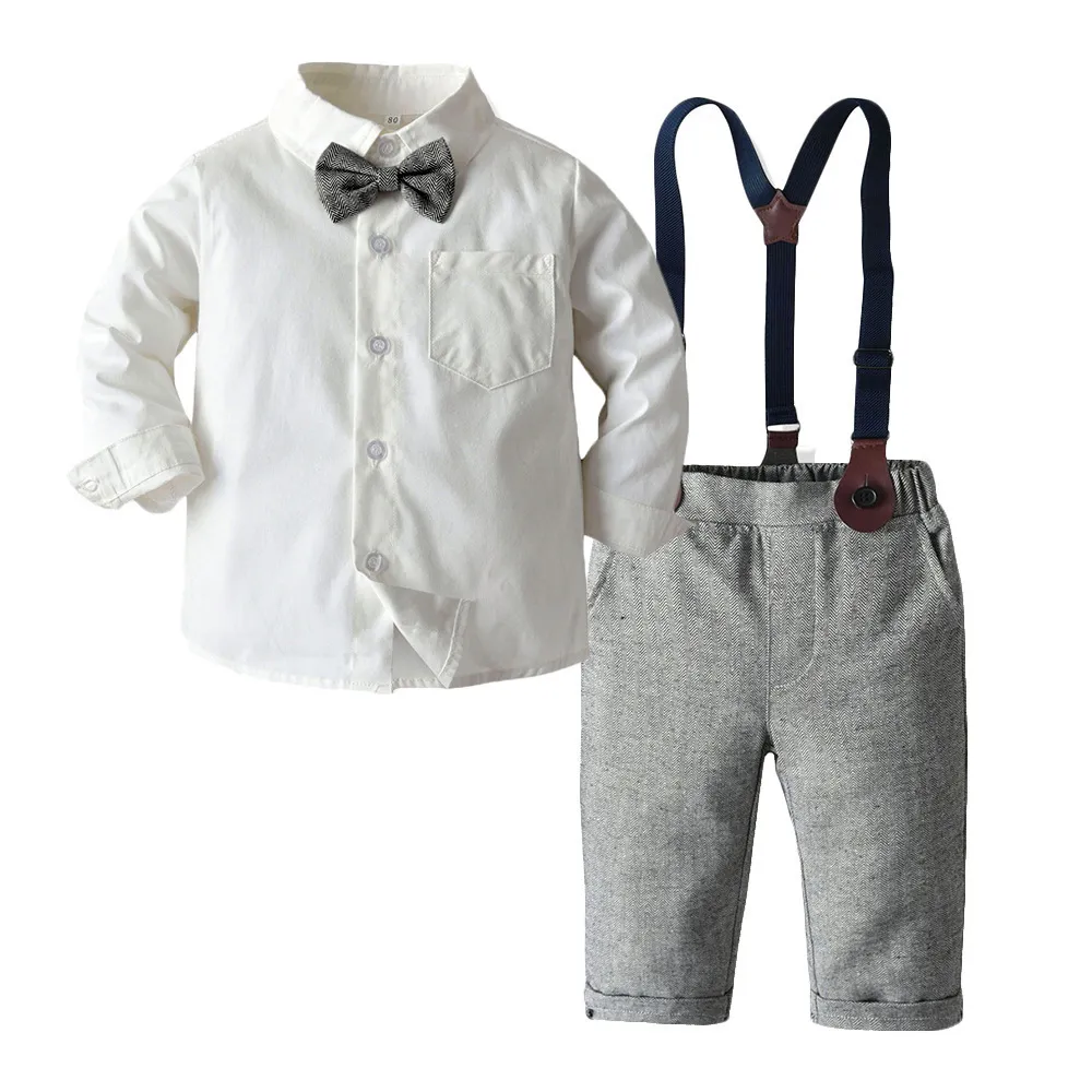 Boy Clothing Set Dress Suit Gentleman White Shirt with Bow tie + Grey Pants Party wedding Handsome Kid Clothing For Boys Clothes LJ201202