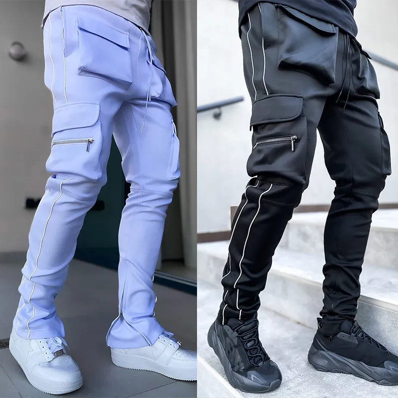 Godlikeu Cargo Pants Spring and Autumn Men's Stretch Multi-pocket Reflective Straight Sports Casual Trousers Joggers