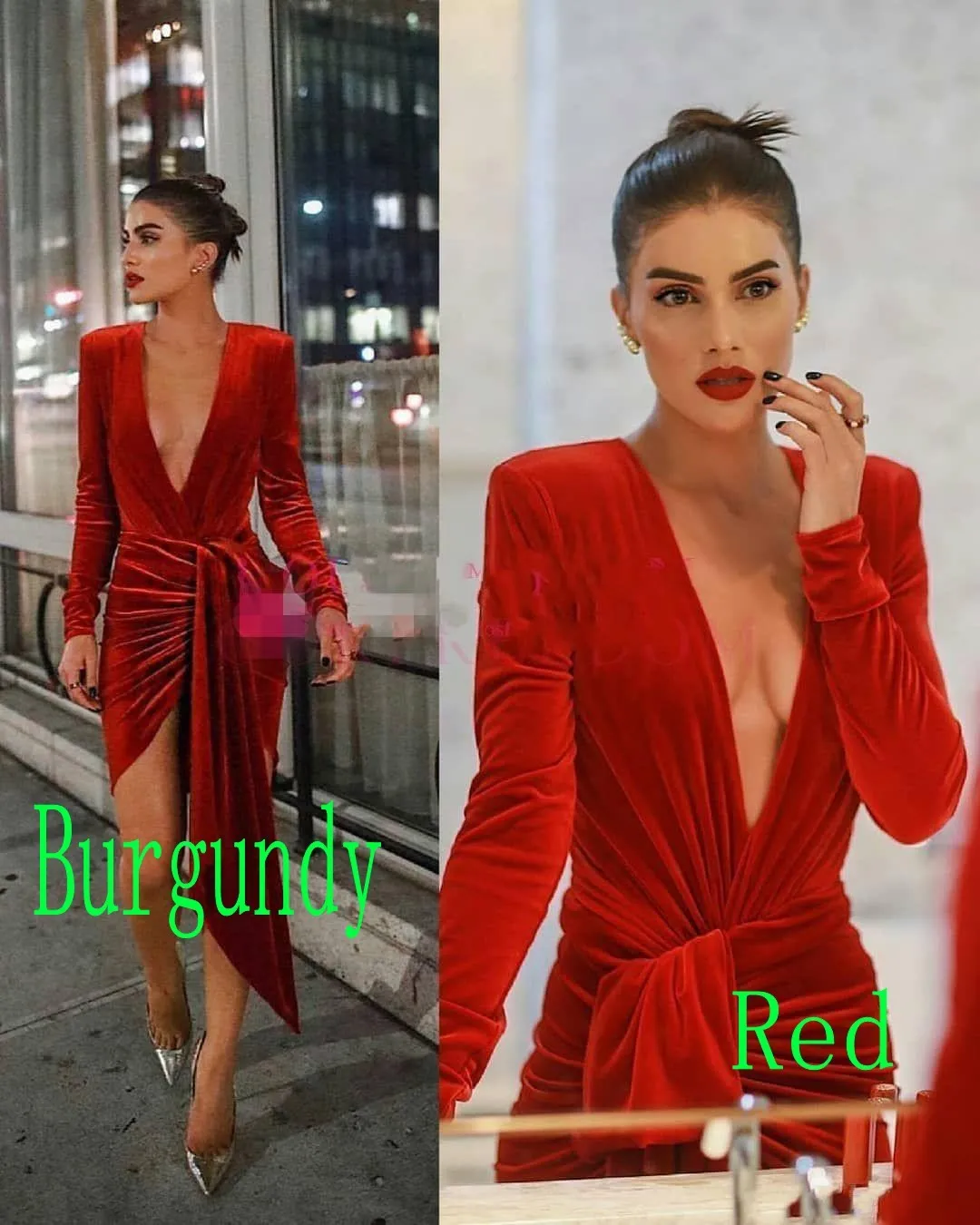 2024 Red Velvet Deep V Neck Sheath Celebrity Party Dresses
