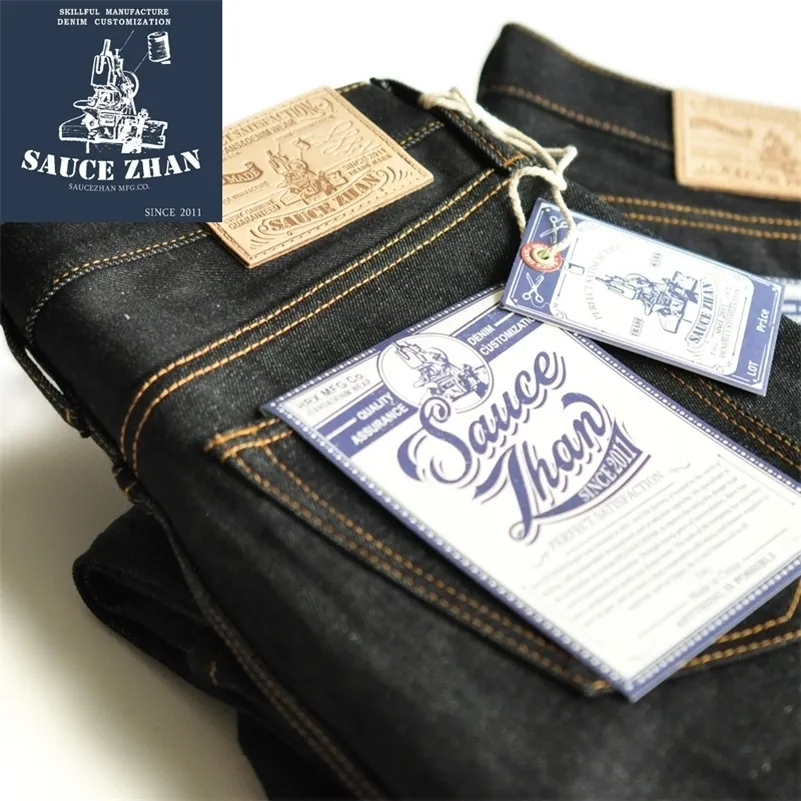 Saucezhan enigszins taps toelopend Selvedge Raw Denim Ongewassen blauw 14.5 oz motorfiets jeans Mannen LJ200911