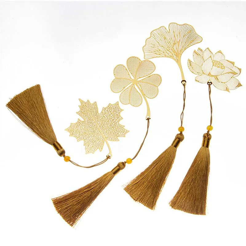 Chinese Style Retro Hollow Metal Bookmark Creative Maple Leaf Vein Fringed Pendant Apricot Leaf Bookmark Stationery Gifts