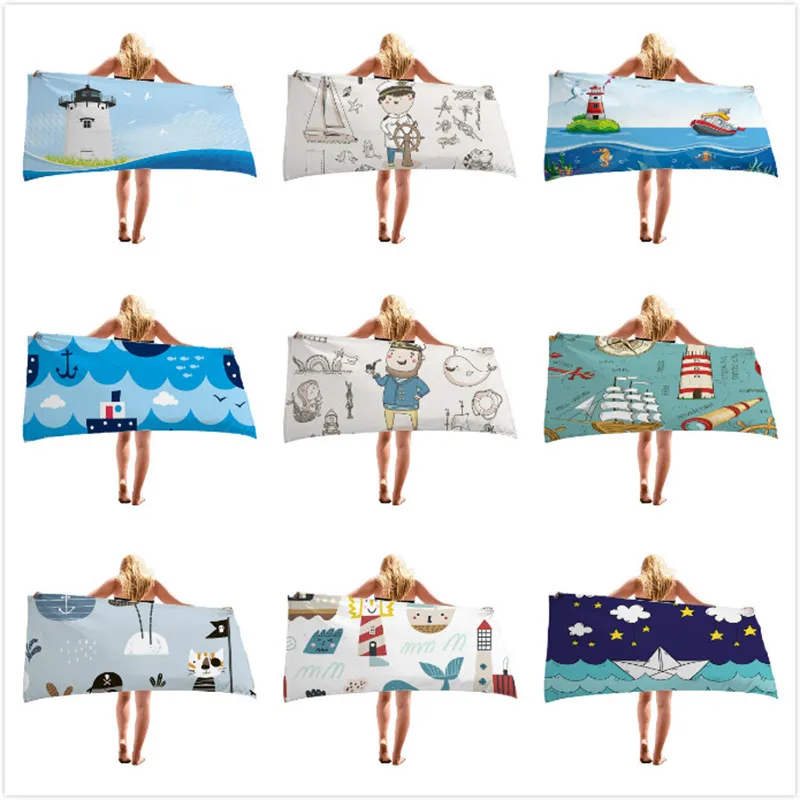 Serviette de plage écharpe serviettes de sports nautiques en plein air séchage rapide natation surf portable grand tapis de yoga couvertures de chaise de plage série de marin de bateau de dessin animé imprimé en 3D