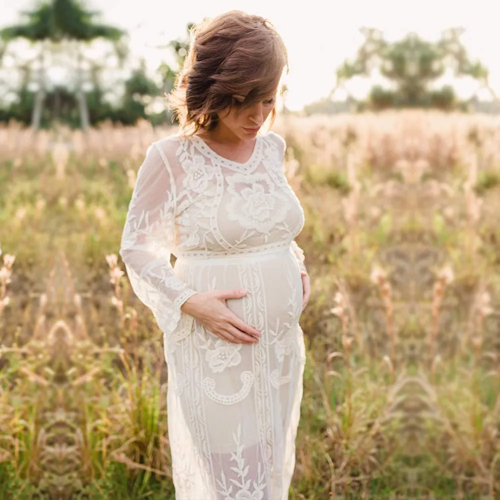 winter white maternity dress White Maternity Dress: Cotton Two-Piece Photoshoot Gown