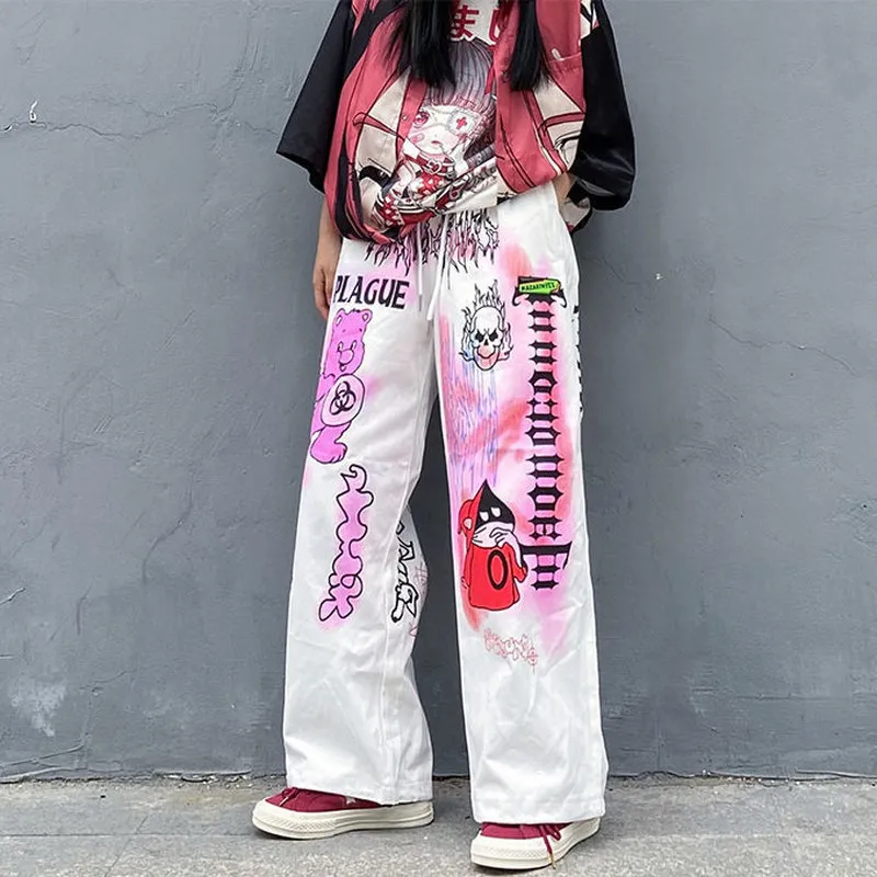 90s Anime Print Hip Hop Streetwear Womens Wide Leg Pants Aesthetic