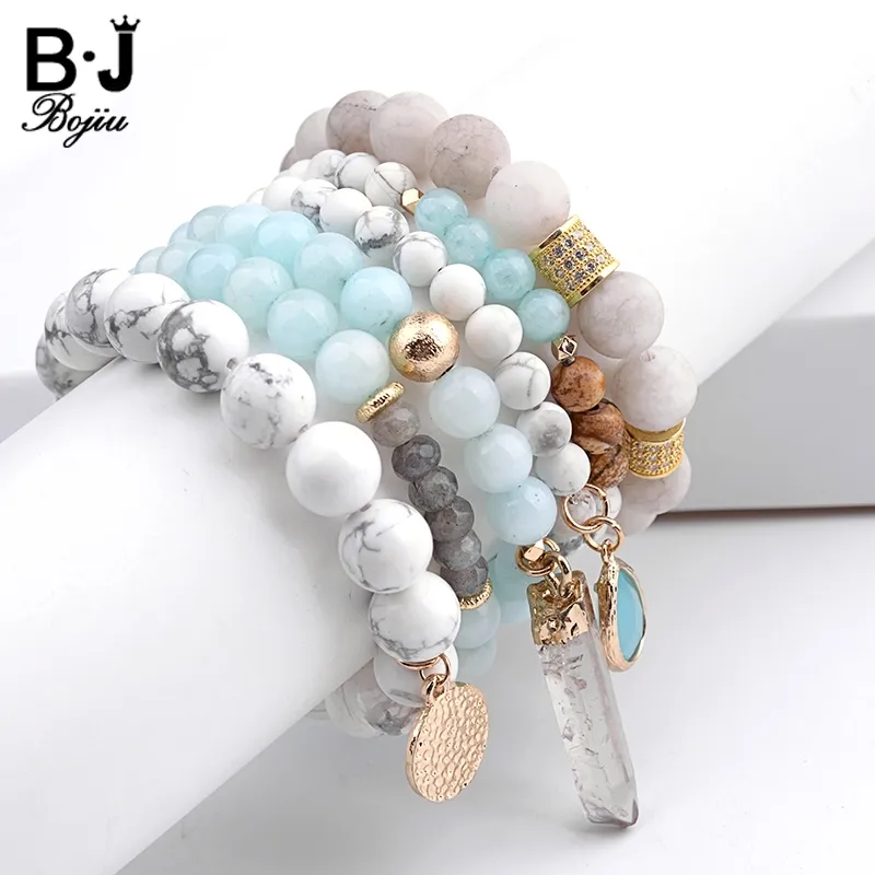 BOJIU Trendy Women Bracelet Set Natural Ag. Stone Glass Beads Bohemia Exquisite Bar Bracelet Sets of 6pcs Festival Gifts BCSET18 Y200730