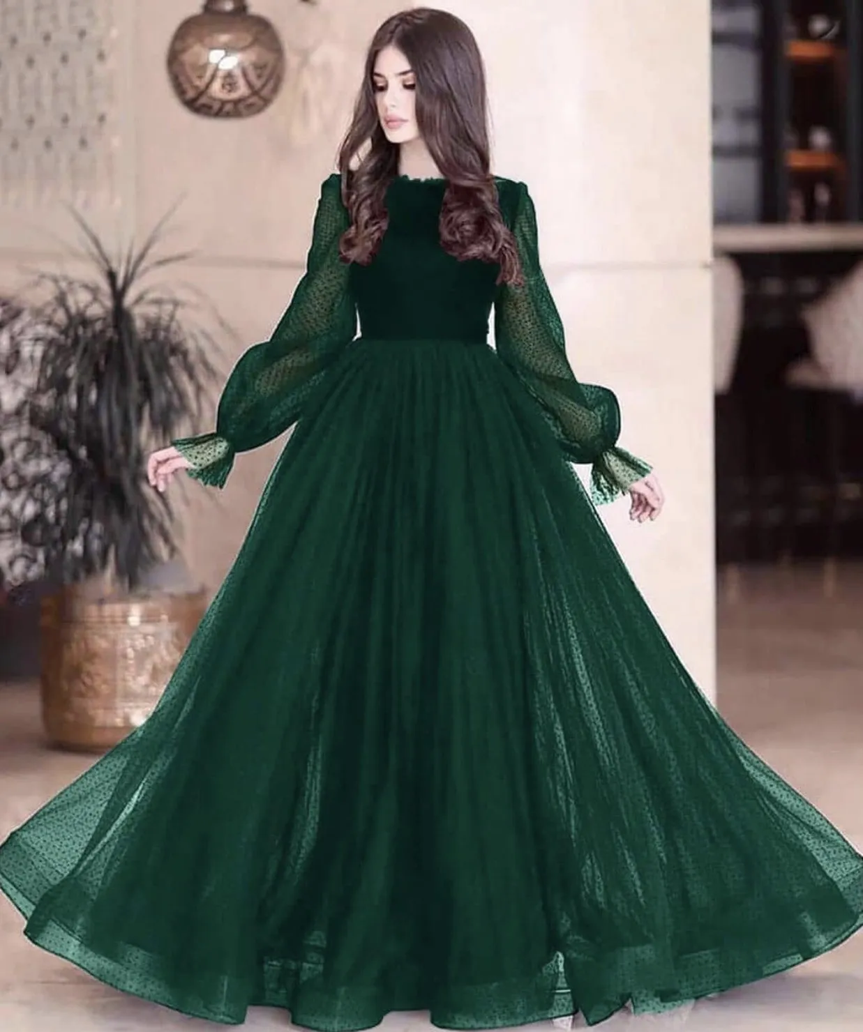 Dark Green Prom Pageant Jurken 2021 Bescheiden Mode Lange Mouw Avond Feestjurk Gelegenheid Kleding Kant Backless Custom Made