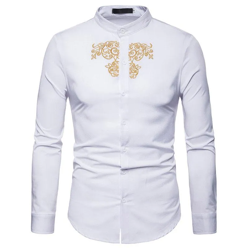 Mäns Casual Shirts Luxury Broderi Henley Shirt Män 2022 Brand Mandarin Collar Långärmad Klänning Bröllop Business Man
