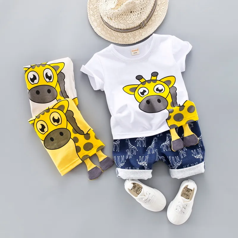 Summer Dzieci Ubrania Ubrania Zestaw Dla Chłopców 0-4 Lata Cut Cartoon Animal Infant Odzież Garnitur Giraffe Top Koszulka Toddler Outfit 201126