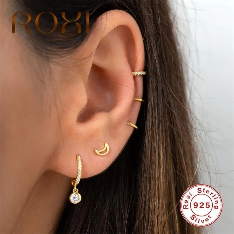 Hoop Huggie ROXI Orecchini di cristallo semplici a cerchio tondo Pendientes in argento dorato Orecchini donna in pietra di zircone chic 9251