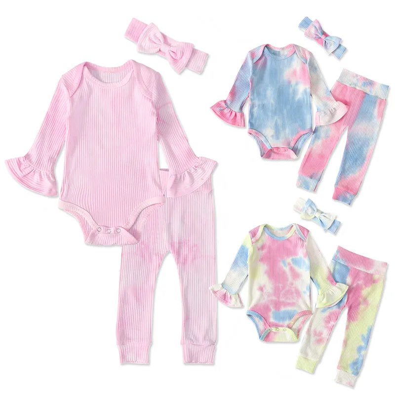 2020 New Ins Baby Tie Dye Clothing Set Kids Flare Sleeve Romper + Pants + Headbands 3Pcs/Set Boutique Pit Knitted Infants Outfits M2905