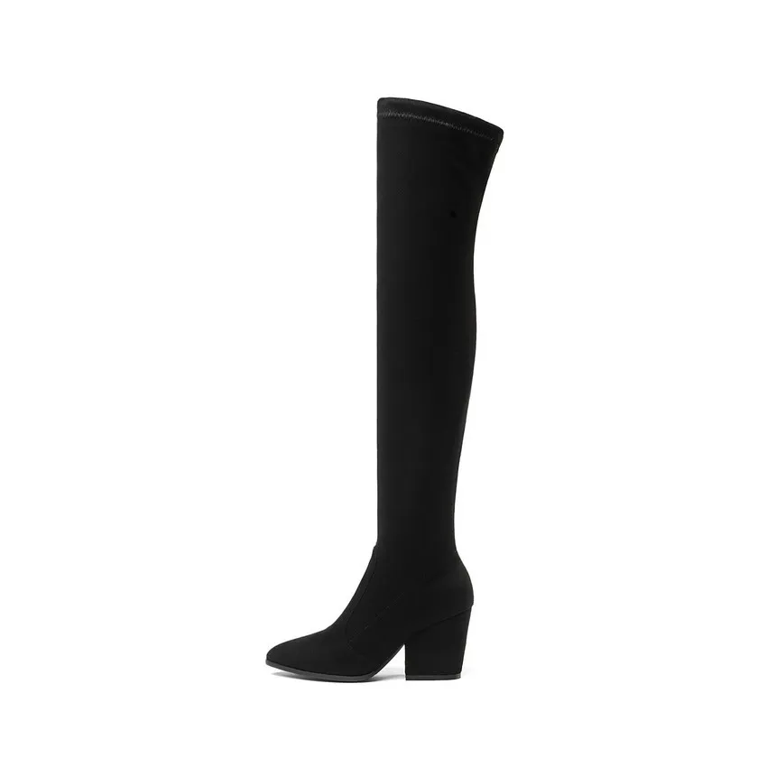 뜨거운 판매 Qutaa 2020 무릎 높은 부츠 웨지 워즈 겨울 신발 지적 발가락 섹시한 탄성 패브릭 여성 부츠 크기 34-43