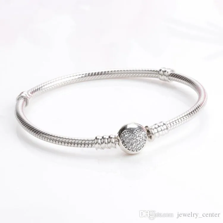 100% 925 Sterling Silver Women`s Bracelets White CZ Micro Paved Heart Bracelet Fit  Charm Beads Jewelry Making