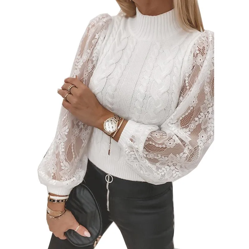 Maglioni da donna Bianco TurtrleNeck Delle Donne Maniche lunghe Merletto da donna Vedere attraverso eleganti pullover da maglia sottile Top 2021