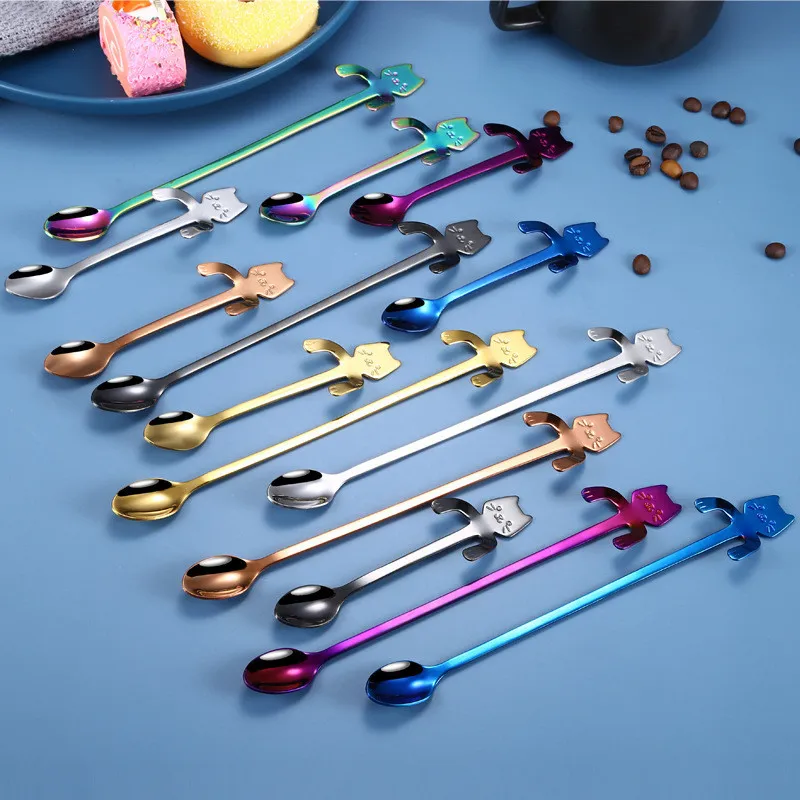 Creativo Cucchiaio gatto lungo pedinato Cucchiaio caffè gattino Acciaio inossidabile Dessert Scoop colore Utensili da cucina per la casa T9I001046