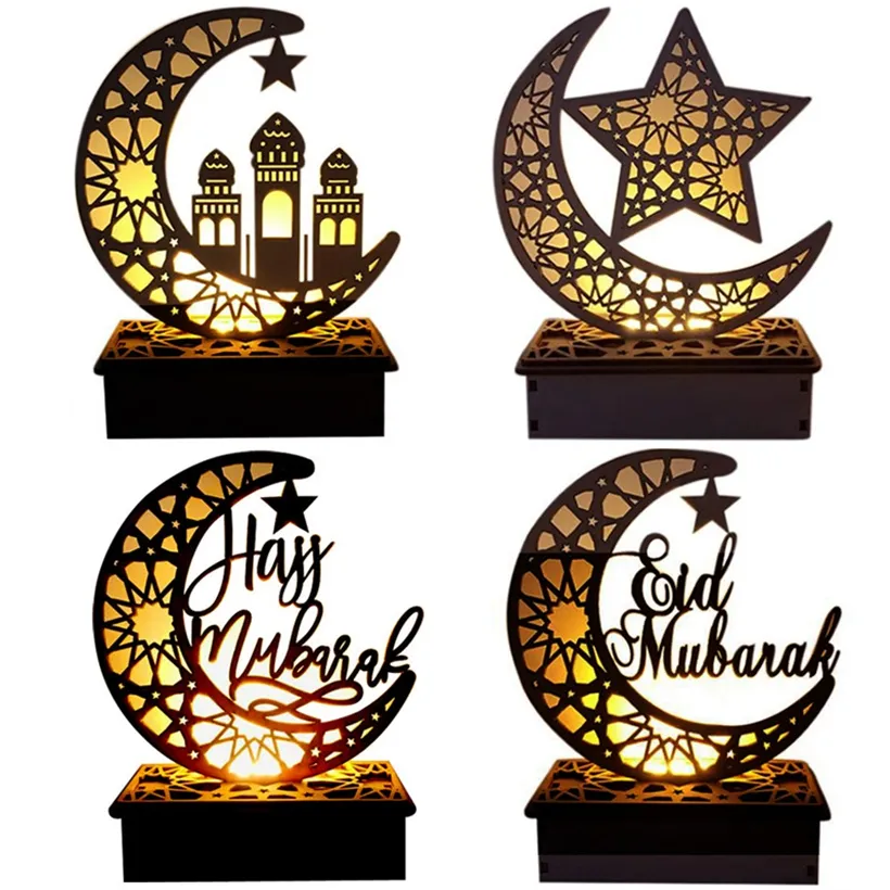 Eid Mubarak Ramadan Decorazioni in legno Hollow Moon Star Blessing Word Decorazione per Happy Eid Mubarak Home Room Decorazione della tavola HHA3433