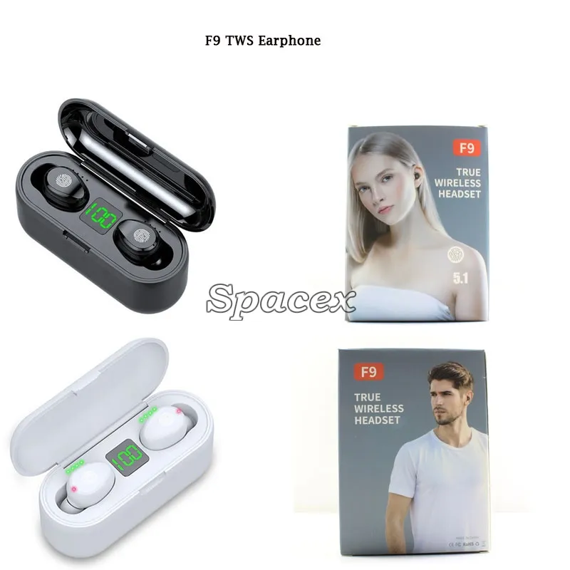 Portable F9 TWS Wirelesss BT v5.1 Earphone HiFi Sound Touch Control Sport Waterproof Auto Paring Earpon med LED Digital Display