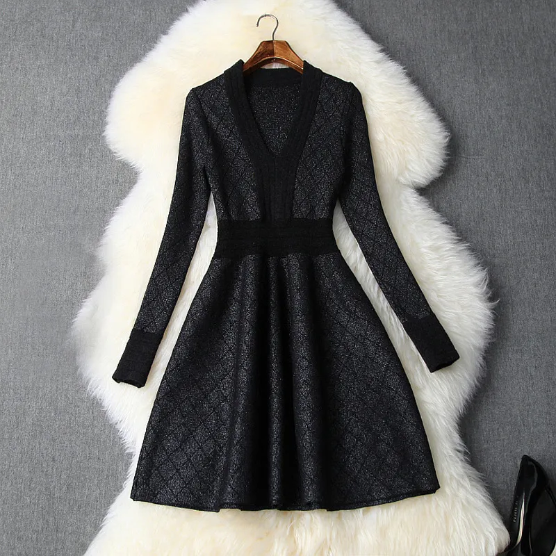 Robe Longue Femme Automne/hiver En Laine Mélangée - Col V, Manches Longues, Plissée, Souple, Tailles Variées