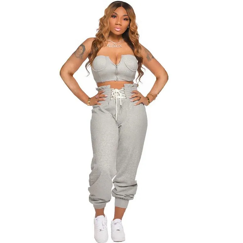 Women's Tracksuits Sexy Two Piece Set Women Zip Strapless Crop Top And Sweatpants Festival Clothing Streetwear Casual Tracksuit Female Club