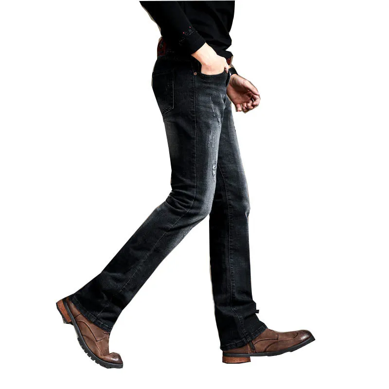 Slim Fit Semi Flared Black Bootcut Jeans For Men With Ripped Mid