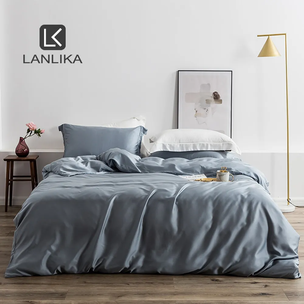 Lanlika Luxury Grey 100% Natural Silk Bedding Set 25 MOMME Heminredning BedsPread Queen King Duvet Cover Flat Sheet PillowCase T200706