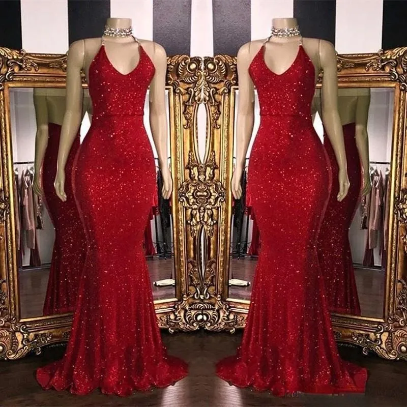 2020 New Sparkly Red Sequins Prom Dresses Halter Mermaid Long Prom Gowns Low Back Arabic Party Dress BC1085