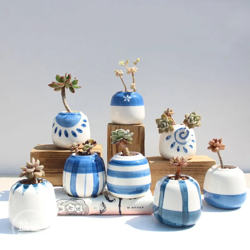 8pcs / set classique bleu et blanc pots de fleurs en céramique pour plantes succulentes style oriental jardinière maison jardin bureau décoration Y200709