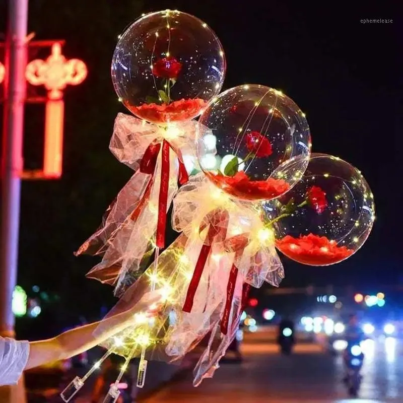 Balão Luminoso Led Rose Bouquet Hélio Balões Transparentes Festa de Aniversário de Casamento 2021 Feliz Ano Novo Enfeites de Natal1