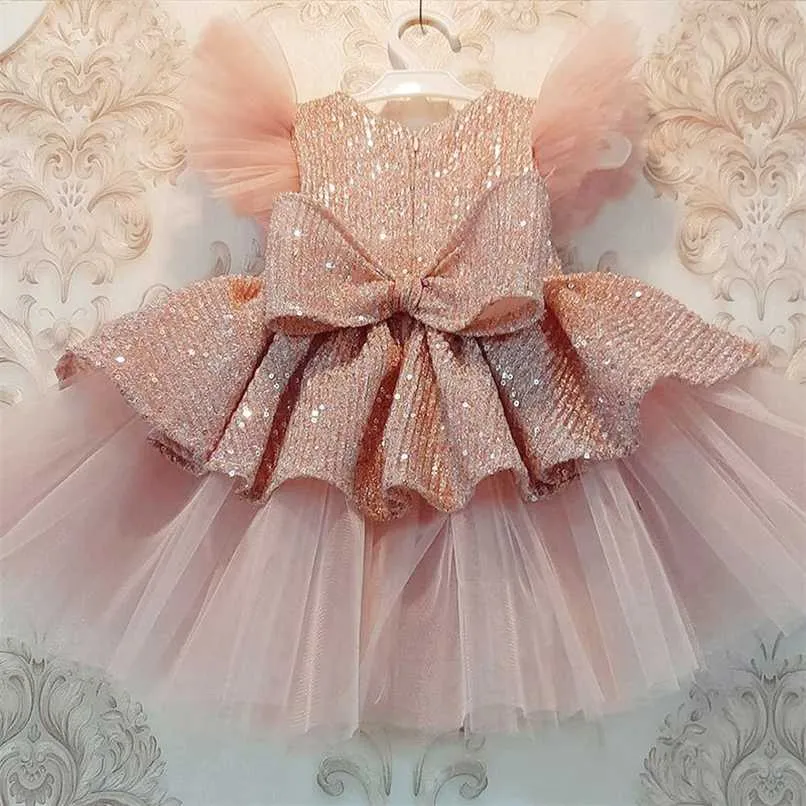 Boże Narodzenie Cekiny Ciasto Double Baby Girl Dress 1 rok Urodziny Dress Born Party Wedding Vestidos Baby Girl Christening Odzież 220125