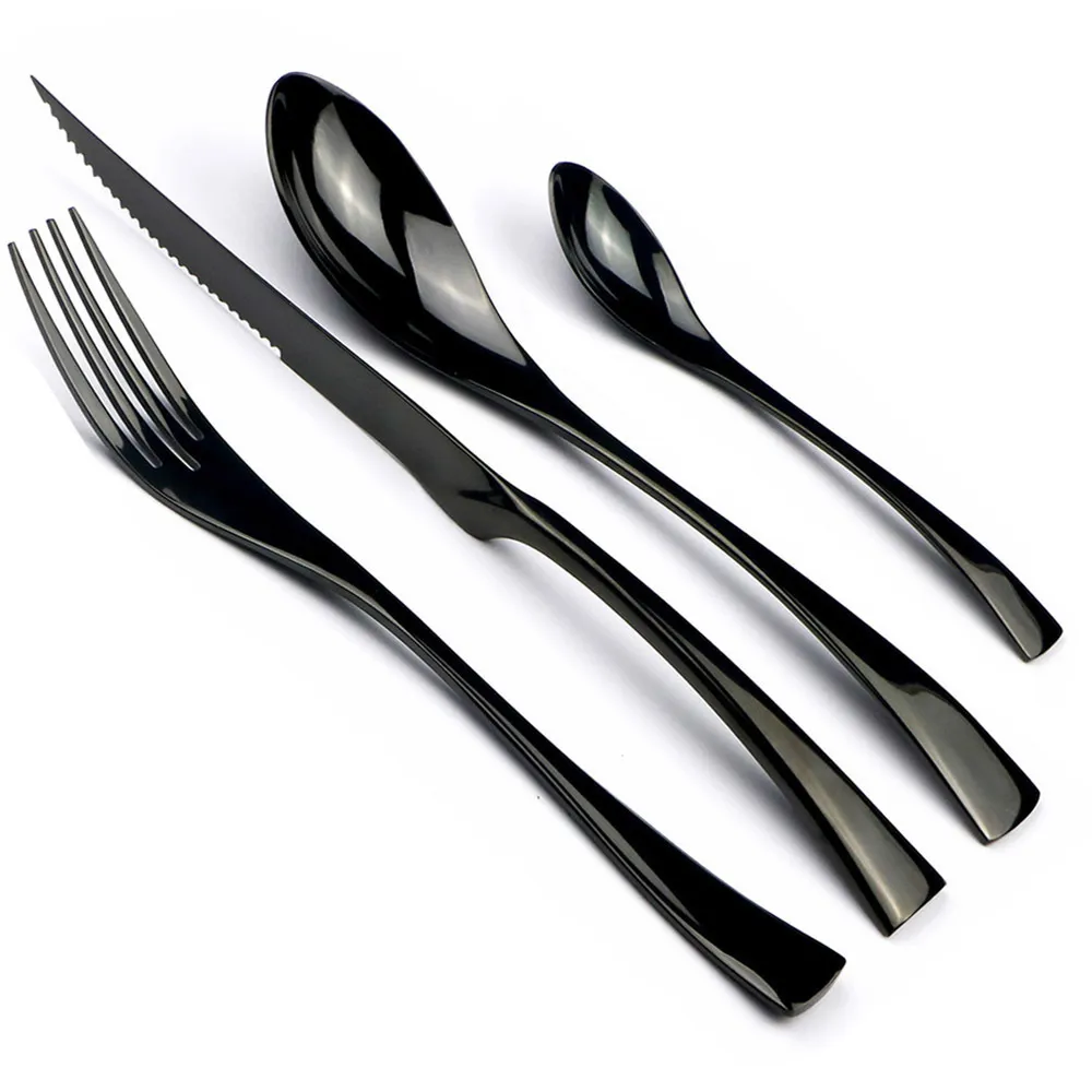 24 peças Shiny Rainbow Black Dinnerware Cutlery Set 18/10 Aço Inoxidável Aço Aço Steak Steak Facas Forks Scoops Talheres Set Y200111