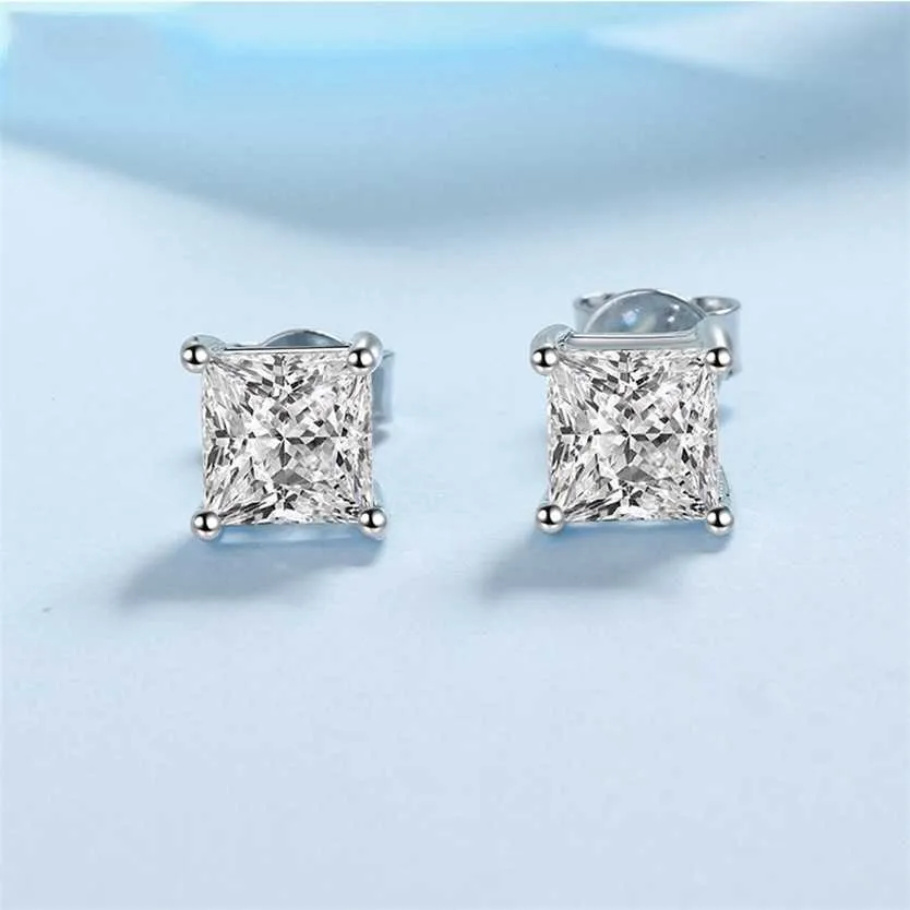 100% Stud Earrings Princess Cut Ear Studs Solid Silver VVS Diamond Earring For Women Men Wedding Jewelry 220125