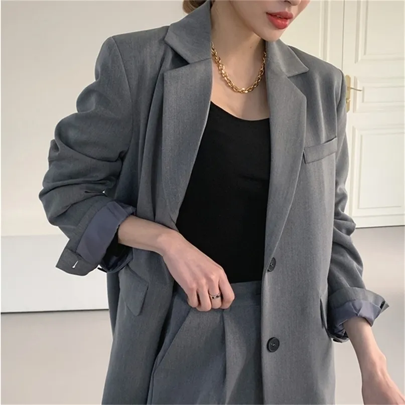 HziriP Grey 2 Piece Sets Straight Loose Pants Office Uniform Chic Autumn Business Suits Femme Elegant Formal OL Slim Blazers 220315