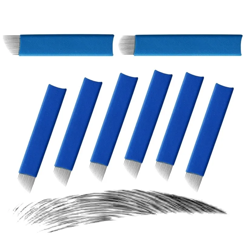 100 PCS blue Permanent Makeup Manual Eyebrow Tattoo Needles Blade For 3D Embroidery Microblading Pen Machine 211229