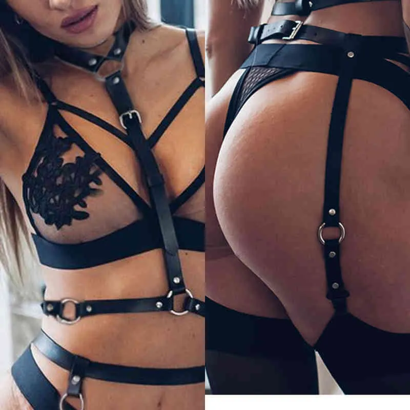NXY SM Bondage Läder Sexig Underkläder Harness Set BDSM Women Bra Body Lår Garter Bälte Strumpor Suspender Erotisk Underkläder Sex Toy1227