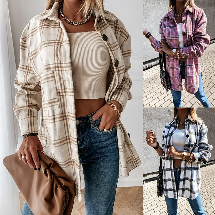 Mujer camisa de tela escocesa Blusa Oto o Oto o Pollo suelto de manga larga gruesa BF Oversizada Chaqueta Mujer Abrigo Tops Outwear Outfits Blusa
