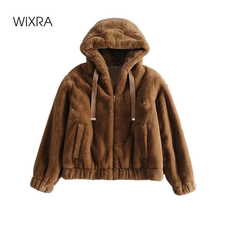 Faída femenina Faux Wixra para cremalleras casuales chaquetas peludas damas bolsillos suaves con capucha moderna