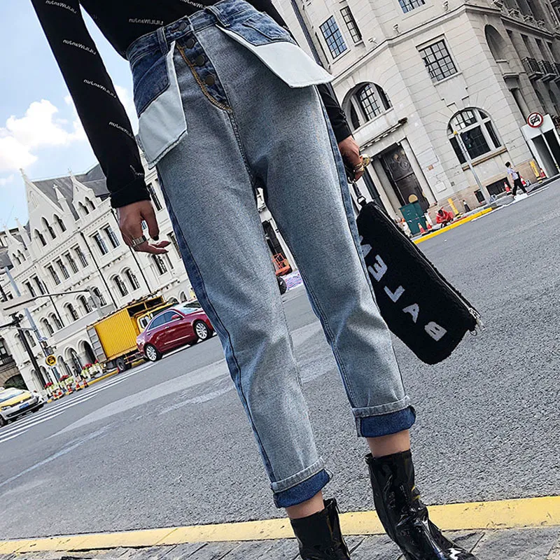 Coutures Poches inversées Taille haute Boyfriend Jeans pour femmes Boutons Fly Jeans Maman Patchwork Lâche Cheville droite Denim Jeans 201105