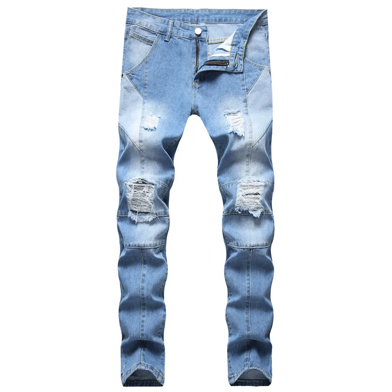 Jeans masculinos Mens Design Moda Motociclista Motociclista Skinny Afligido Luz Azul Denim Calças De Gota Venda Por Atacado Stock