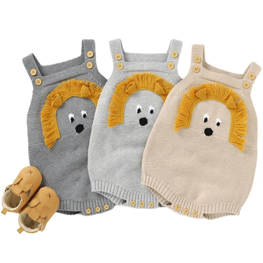 Herbst geboren Jungen Mädchen Jumpsuits Kleidung Baby Strampler Gestrickte Cartoon 3D Löwen Sleeveless Kleinkind Pullover Outfit 220211