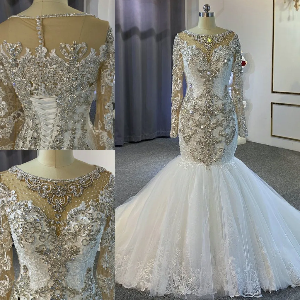 Abiti da sposa di lusso arabo Dubai sirena treno pesante bordare applicazioni di pizzo Illusion abito da sposa vestido de noiva robe de mariee 2022